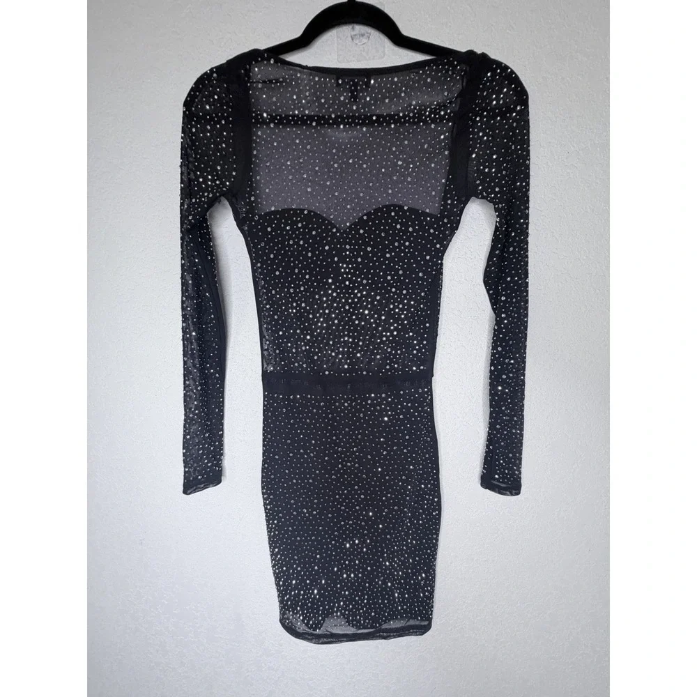 Y2K Black Rhinestone Mesh Corset Mini Dress Small Sheer Bodycon Party‎ Glam
